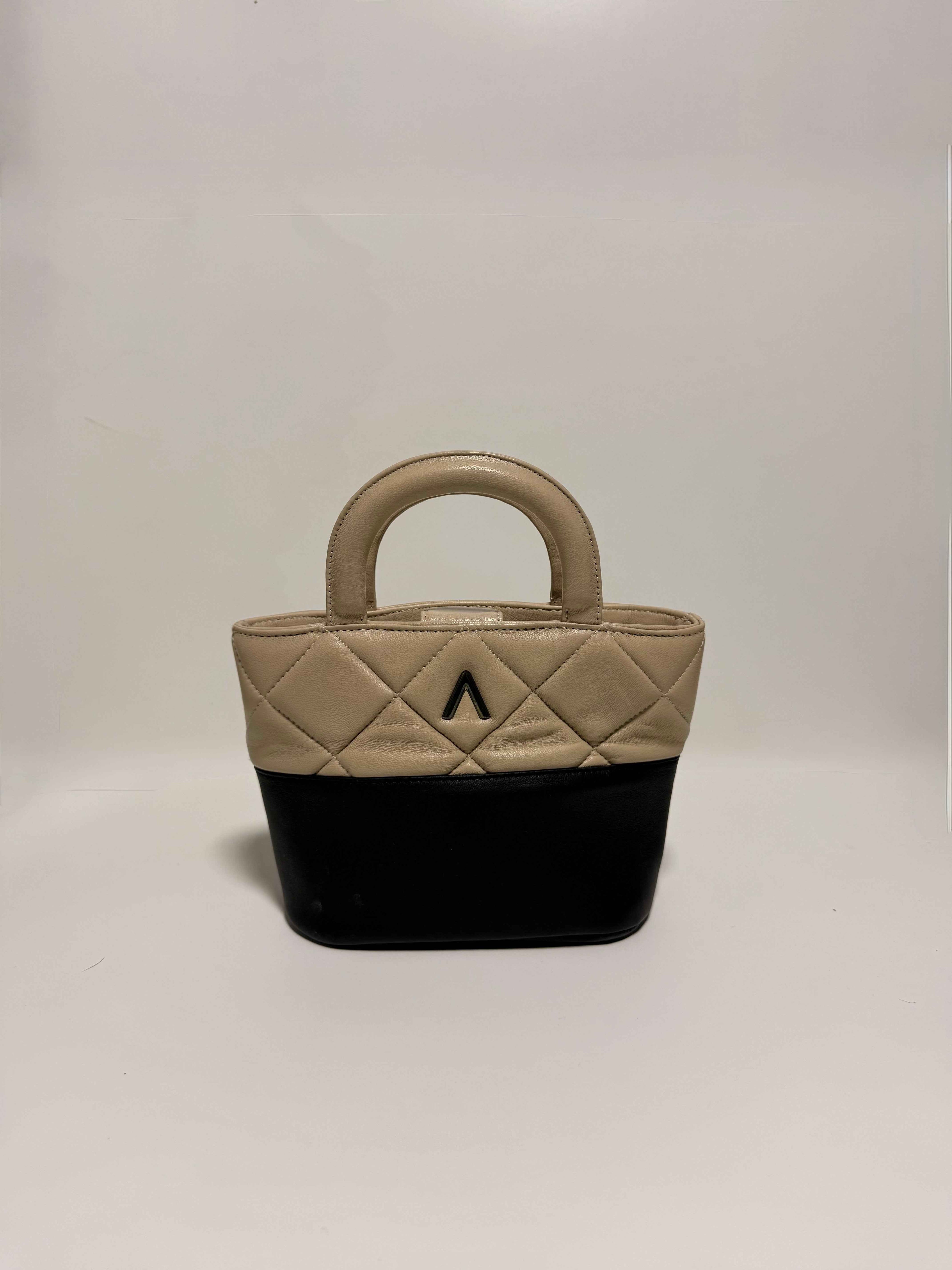 Petit Sac Bicolore Cuir Noir et Beige avec Pochette Intégrée