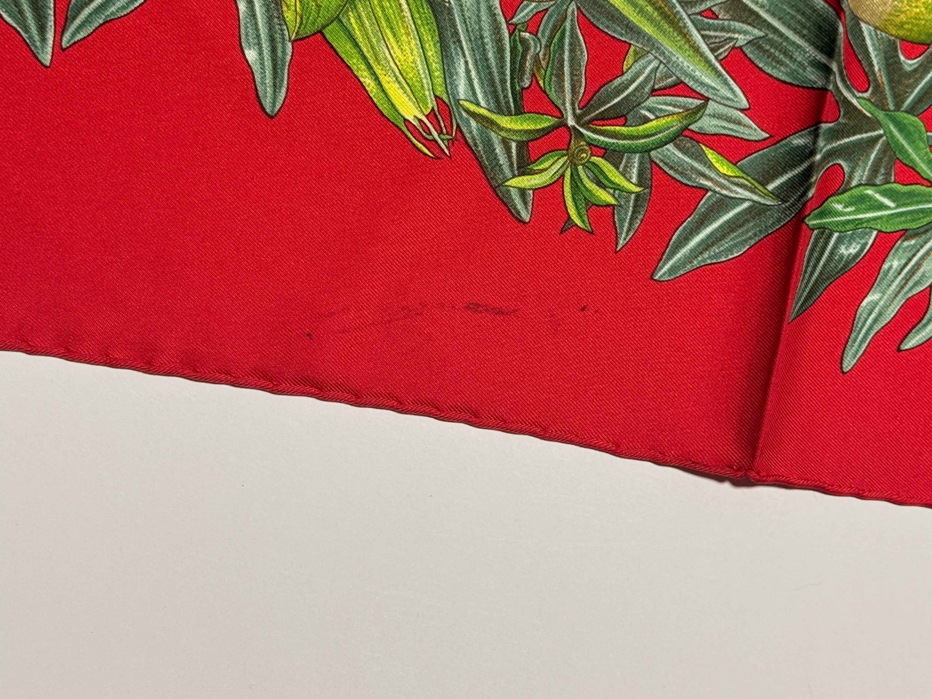 Carré Hermès “Passiflores” 100 % soie – Signé V. Dawlat – Fond rouge
