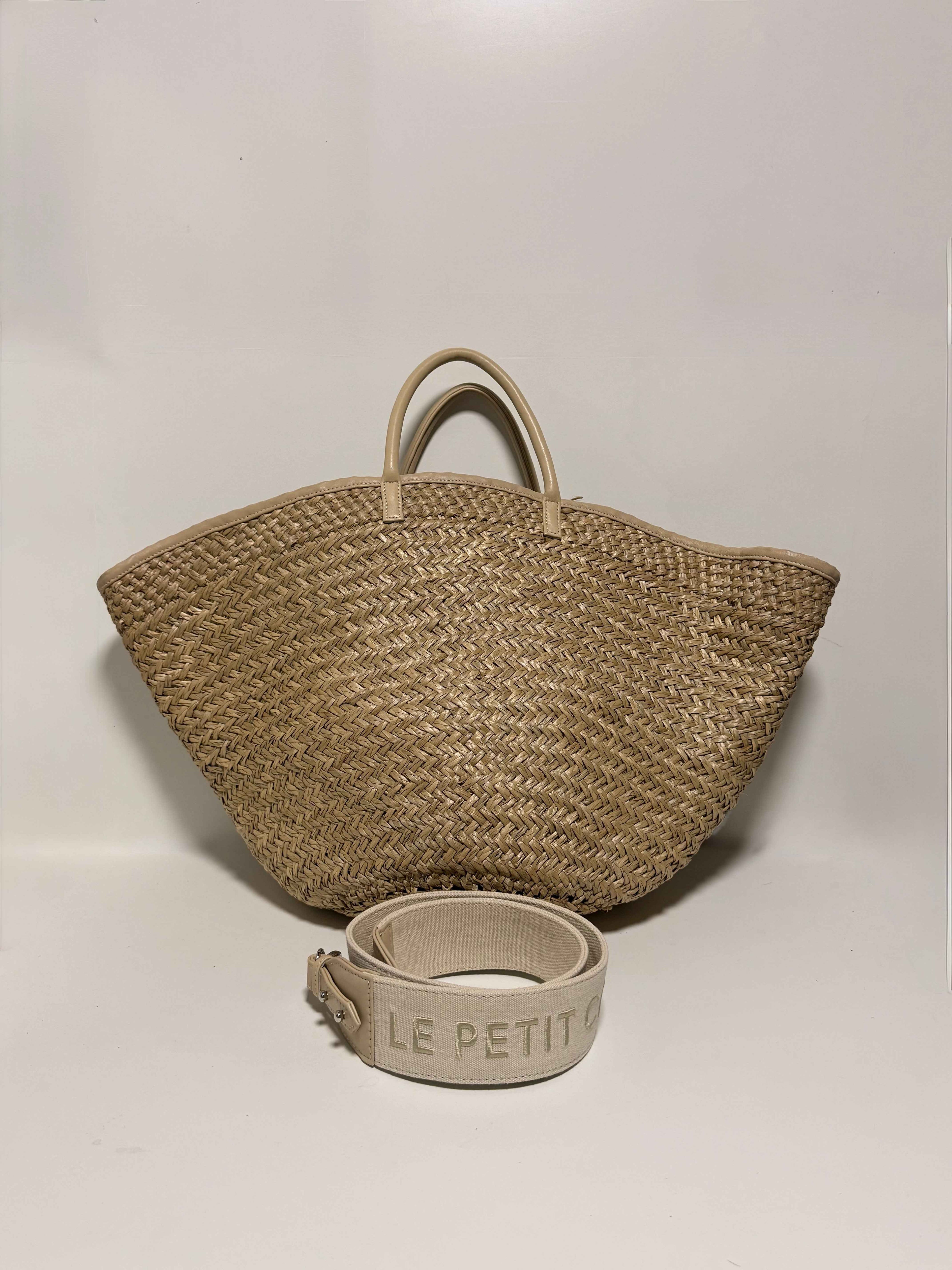 Panier en Raphia Tressé Cuir Beige