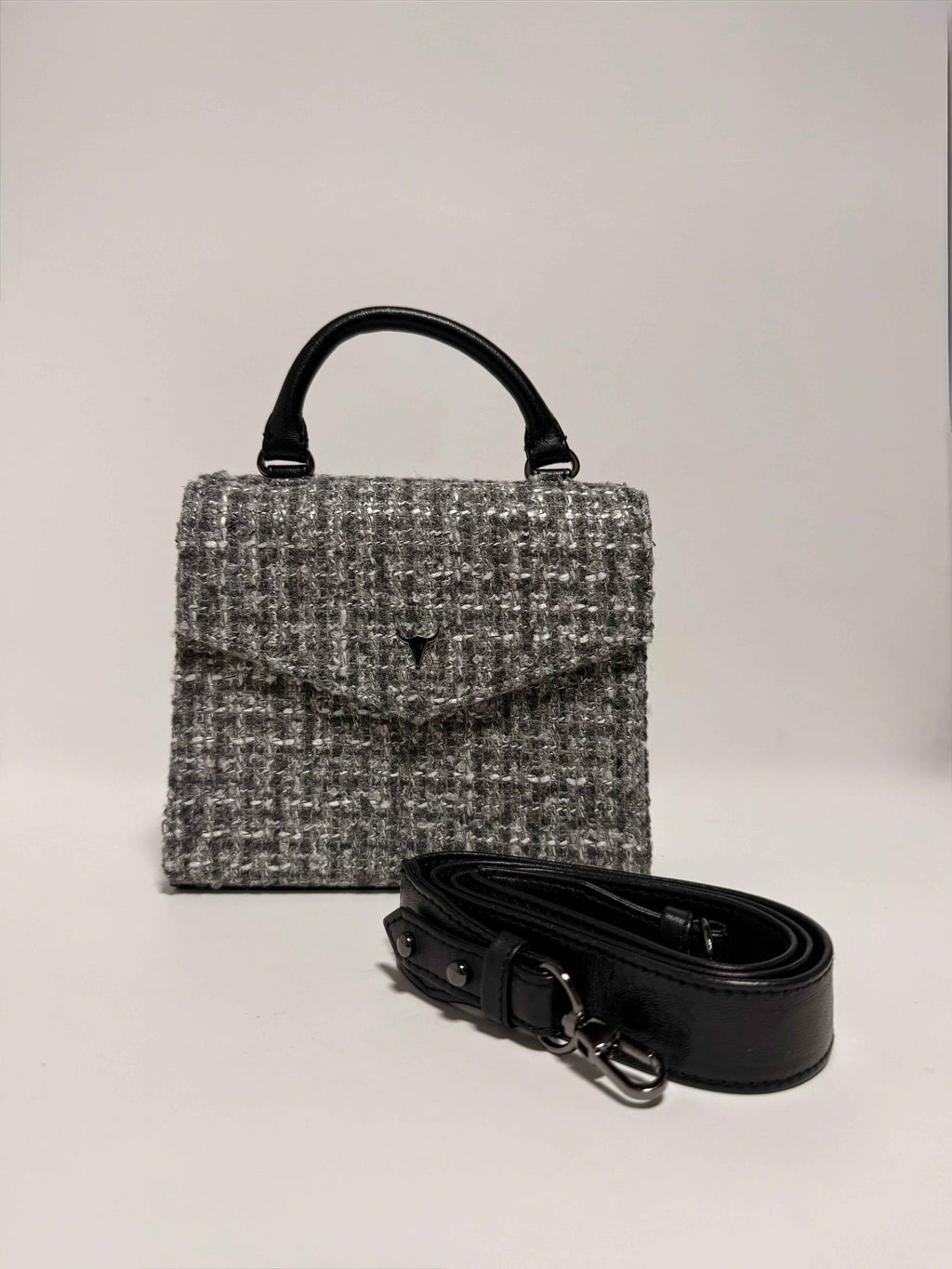 Sac à main en tweed gris et noir – bandoulière amovible