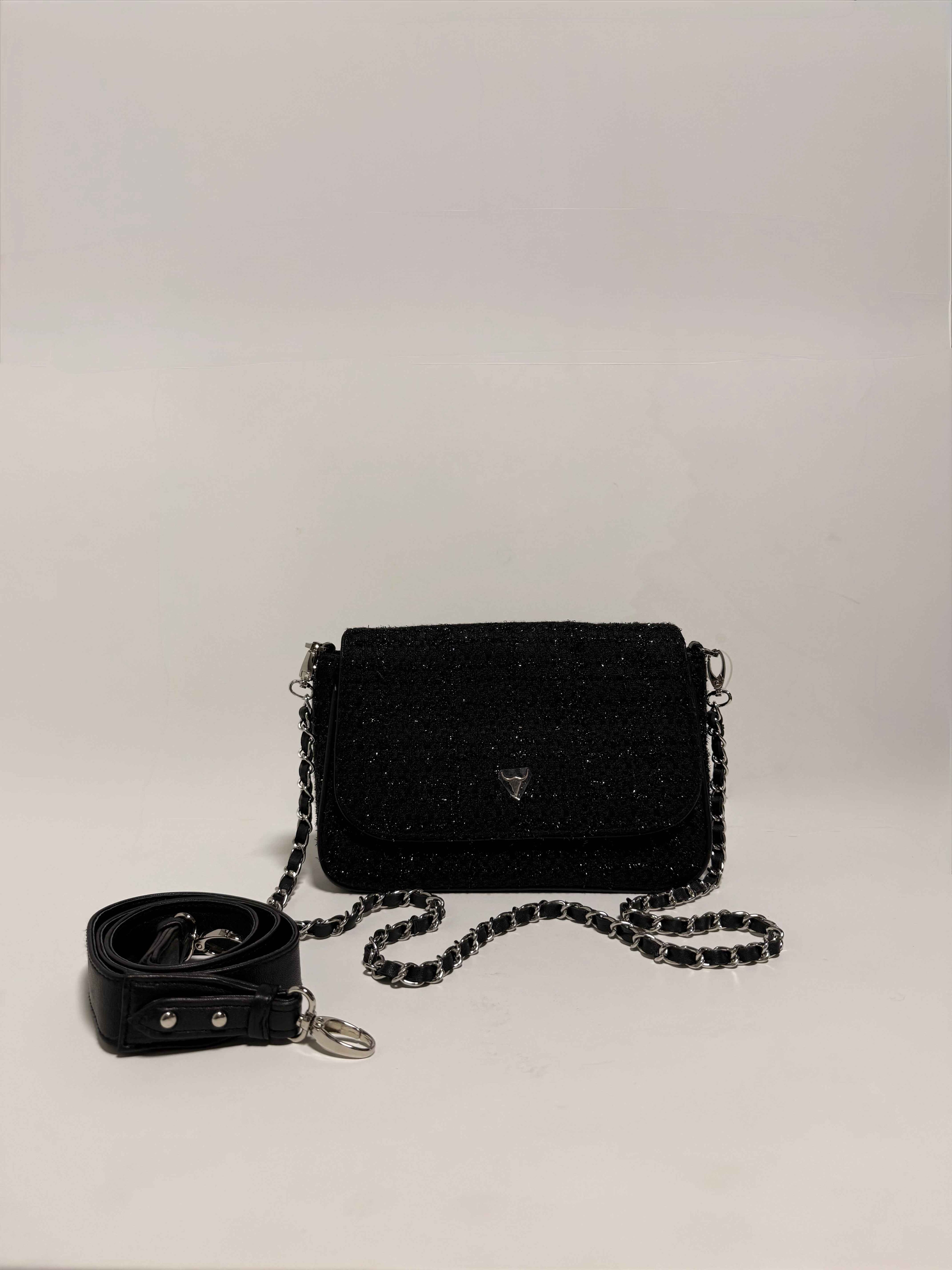 Petit sac en tweed noir – chaîne argentée & bandoulière amovible