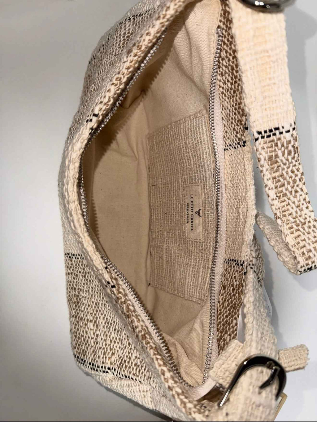 Sac à main en tissu tissé beige et écru